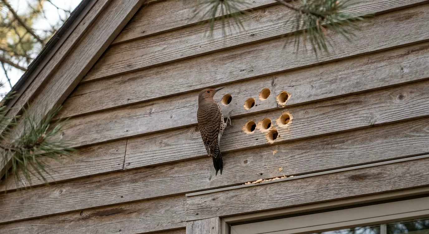 woodpecker holes in cedar siding under eaves